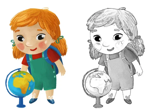 Desenho Animado Criança Menina Aluno Indo Para Escola Aprendizagem Com — Fotografia de Stock