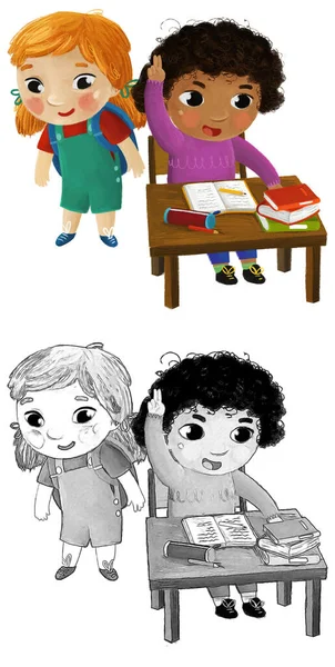 Tecknad Barn Barn Flickor Elev Sitter Skolan Skrivbord Lärande Läsning — Stockfoto