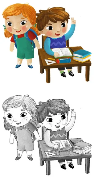 Karikatur Kind Mädchen Und Junge Schüler Sitzen Der Schulbank Lernen — Stockfoto