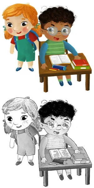 漫画子供の女の子と男の子の生徒学校の机に座って読書子供のための子供のためのイラスト — ストック写真