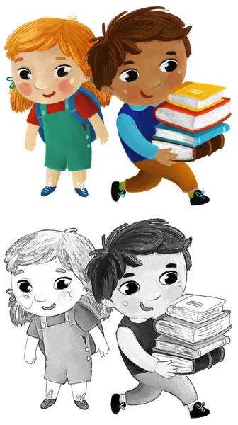 Dibujos Animados Niño Niño Niña Alumnos Que Van Escuela Aprendizaje —  Fotos de Stock