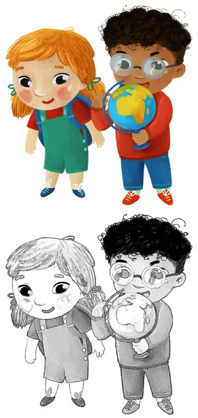 卡通画儿童 男童和女童上学 — 图库照片