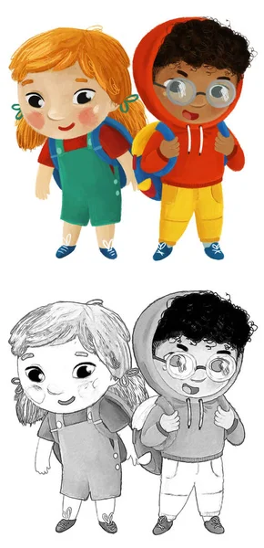 Dibujos Animados Niño Niño Niña Alumnos Que Van Escuela Aprendizaje — Foto de Stock