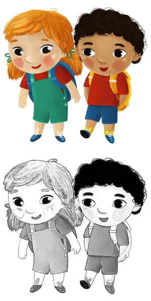 Desenho Animado Criança Menino Menina Alunos Indo Para Escola Aprendendo — Fotografia de Stock