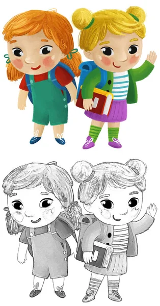 Desenho Animado Criança Crianças Menina Namoradas Amizade Alunos Indo Para — Fotografia de Stock