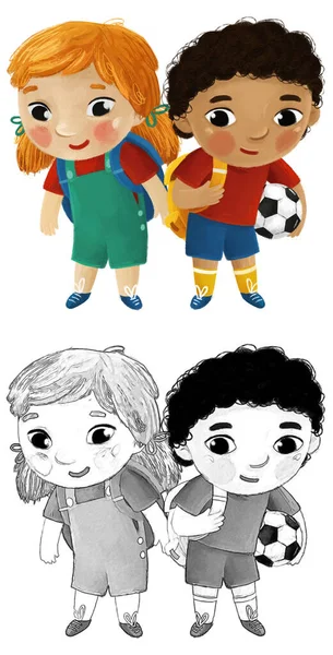 Karikatur Kind Junge Und Mädchen Schüler Gehen Zur Schule Lernen — Stockfoto