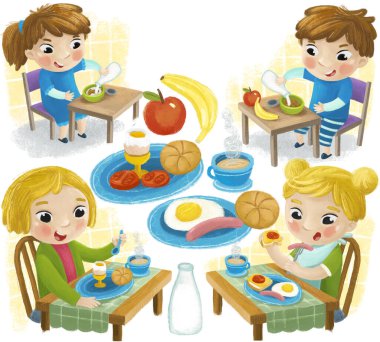 Küçük kız ve oğlanın çocuklar için sağlıklı kahvaltı resimlerini yediği karikatür sahnesi.