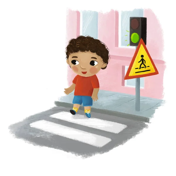 Escena Dibujos Animados Con Niño Pasando Por Cruce Calle Ciudad — Foto de Stock