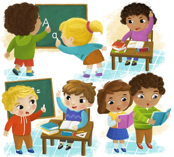 漫画の子供の男の子と女の子の生徒は 子供のための黒板の子供時代のイラストの課題を解決する学校に行く — ストック写真