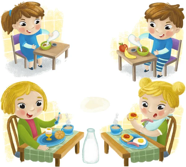 Küçük Kız Oğlanın Çocuklar Için Sağlıklı Kahvaltı Resimlerini Yediği Karikatür — Stok fotoğraf
