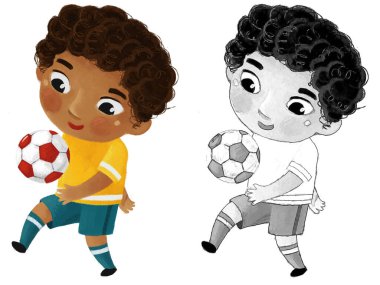 Çocukların futbol oynadığı çizgi film sahnesi - çocuklar için illüstrasyon