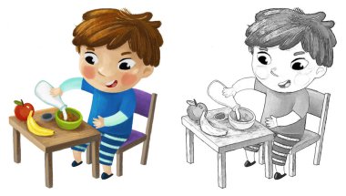 Sağlıklı kahvaltı resimlerini yiyen bir çocuğun olduğu çizgi film sahnesi