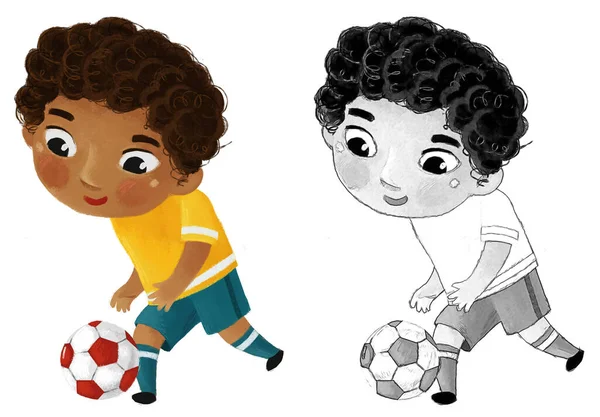 Kreslená Scéna Dítětem Hrající Běžecký Sport Fotbal Fotbalový Koníček Ilustrace — Stock fotografie