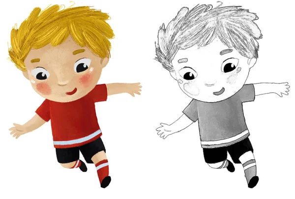 Rajzfilm Jelenet Gyerek Futás Sport Labda Futball Futball Illusztráció Gyerekeknek — Stock Fotó