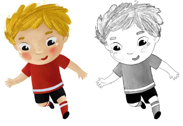 Rajzfilm Jelenet Gyerek Futás Sport Labda Futball Futball Illusztráció Gyerekeknek — Stock Fotó