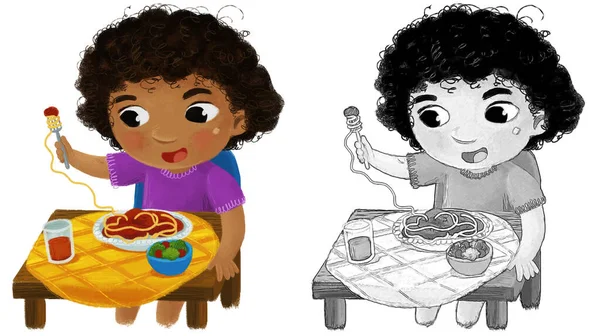 Escena Dibujos Animados Con Chica Comiendo Saludable Ilustración Cena — Foto de Stock