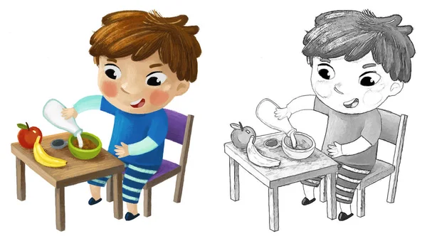 Escena Dibujos Animados Con Niño Comiendo Ilustración Desayuno Saludable — Foto de Stock