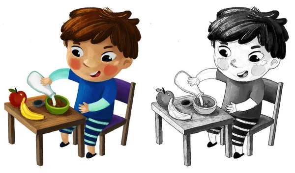 Escena Dibujos Animados Con Niño Comiendo Ilustración Desayuno Saludable —  Fotos de Stock