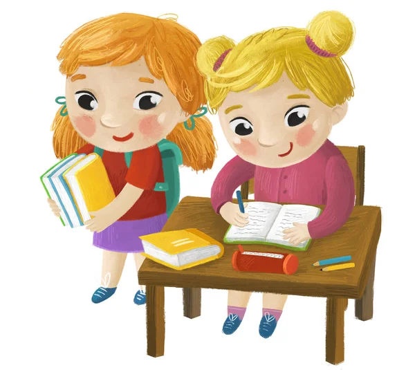 卡通儿童女学生坐在课桌上学习 为孩子们阅读童年图解 — 图库照片
