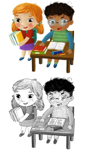 Cartoon Kind Kind Meisje Jongen Leerling Zitten Schoolbureau Leren Lezen — Stockfoto