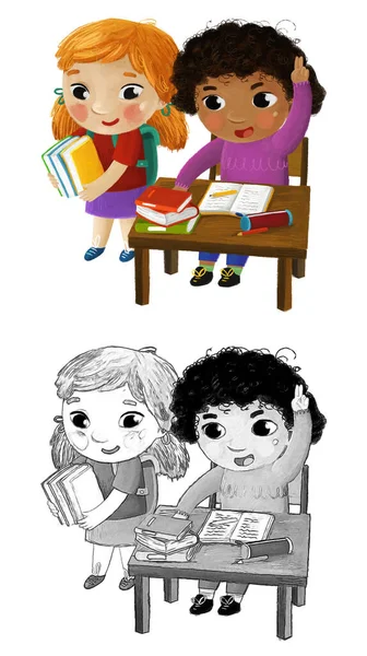 Karikatur Kind Kind Mädchen Schüler Sitzen Der Schulbank Lernen Lesen — Stockfoto