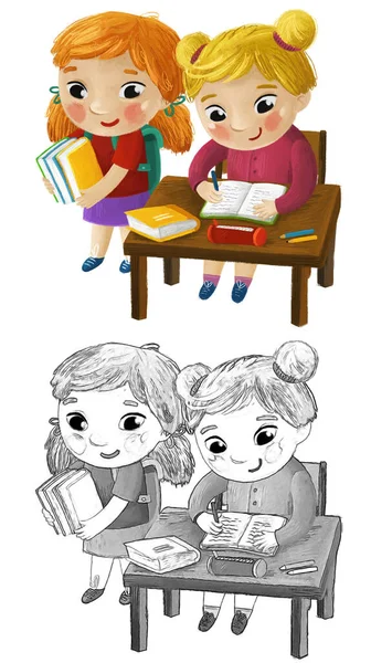 Desenho Animado Criança Criança Meninas Aluno Sentado Mesa Escola Aprendizagem — Fotografia de Stock