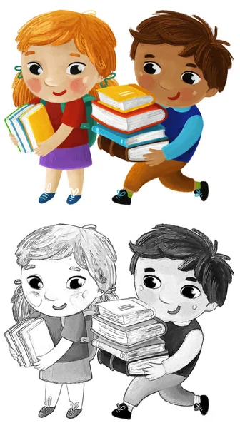 Kreslené Dítě Kluk Dívka Žáci Jít Školy Učení Dětství Ilustrace — Stock fotografie