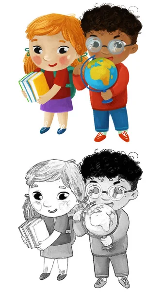 漫画子供の男の子と女の子の生徒は子供のための子供時代のイラストを学びに行きます — ストック写真