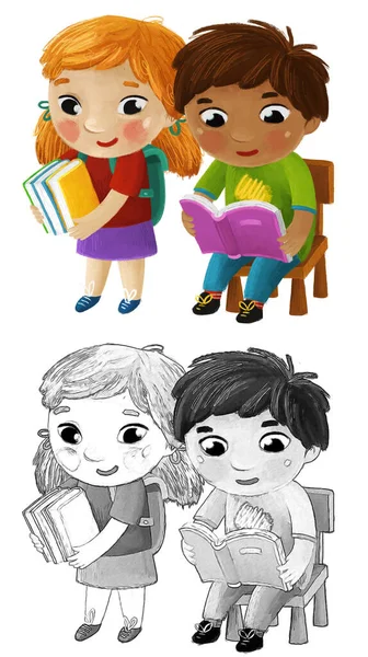 Dibujos Animados Niño Niño Niña Alumnos Que Van Escuela Aprendizaje — Foto de Stock