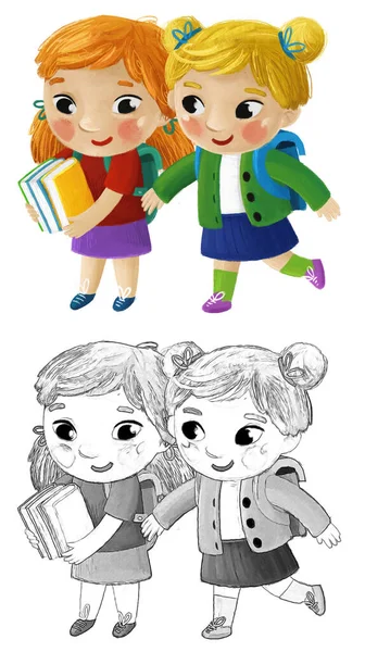 Tecknad Barn Barn Flicka Flickvänner Vänskap Elever Som Går Till — Stockfoto