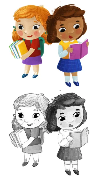 Desenho Animado Criança Crianças Menina Namoradas Amizade Alunos Indo Para — Fotografia de Stock