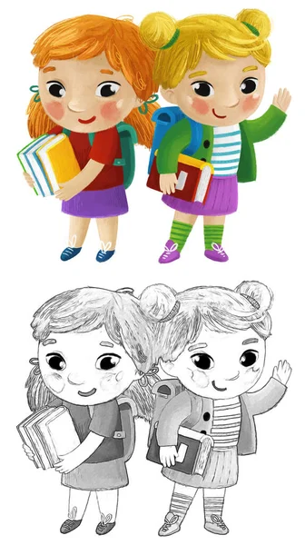 Tekenfilm Kind Kinderen Meisje Vriendinnen Vriendschap Leerlingen Gaan Naar School — Stockfoto