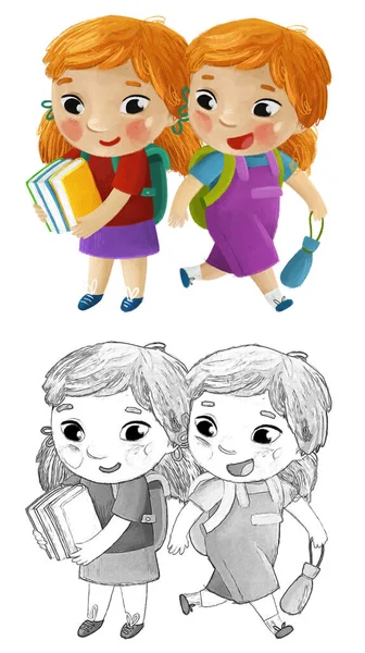Karikatur Kind Kinder Mädchen Freundinnen Freundschaft Schüler Gehen Zur Schule — Stockfoto