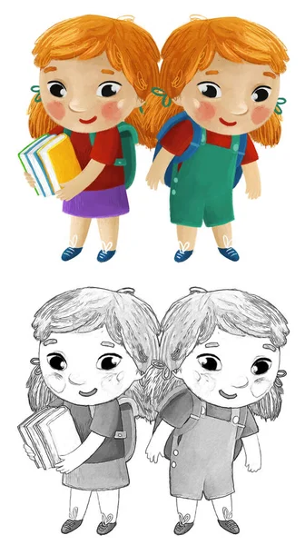 Karikatur Kind Kinder Mädchen Freundinnen Freundschaft Schüler Gehen Zur Schule — Stockfoto