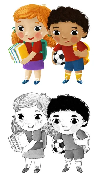Desenho Animado Criança Menino Menina Alunos Indo Para Escola Aprendendo — Fotografia de Stock