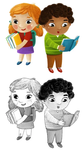 Karikatur Kind Junge Und Mädchen Schüler Gehen Zur Schule Lernen — Stockfoto