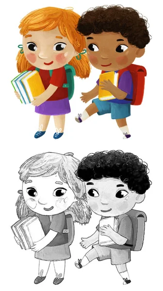 Anak Kartun Anak Laki Laki Dan Perempuan Murid Pergi Sekolah — Stok Foto