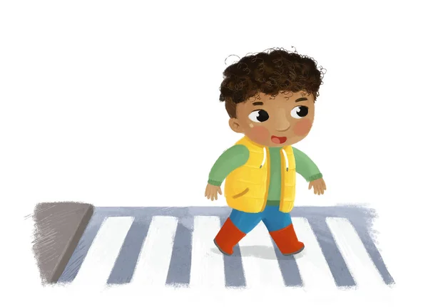 Escena Dibujos Animados Con Niño Pasando Por Cruce Calle Ciudad —  Fotos de Stock