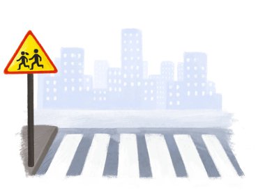 çocuklar için beyaz arkaplan resimli trafik ışığı ve yaya geçidi olan karikatür sahnesi