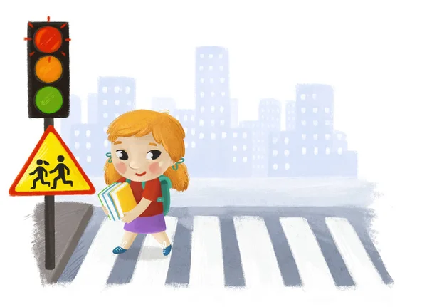 Kreslená Scéna Dětskou Dívkou Procházející Křižovatkou Městě Pouliční Ilustrace Pro — Stock fotografie