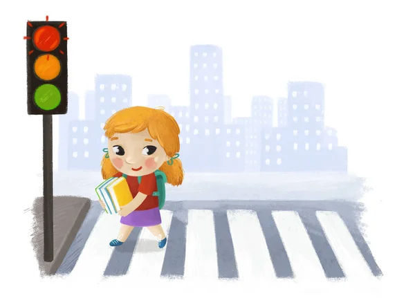 Kreslená Scéna Dětskou Dívkou Procházející Křižovatkou Městě Pouliční Ilustrace Pro — Stock fotografie