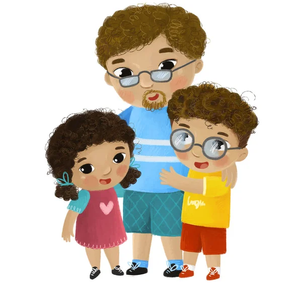 卡通片场景 与快乐的关爱家庭的父亲的孩子们 孩子们 孩子们的白色背景插图 — 图库照片
