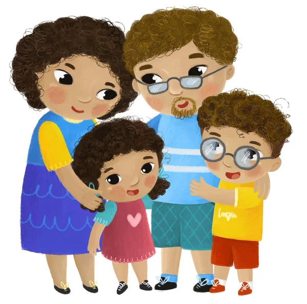 卡通片场景 与快乐的关爱家庭的母亲 孩子们 孩子们 孩子们的白色背景图解 — 图库照片