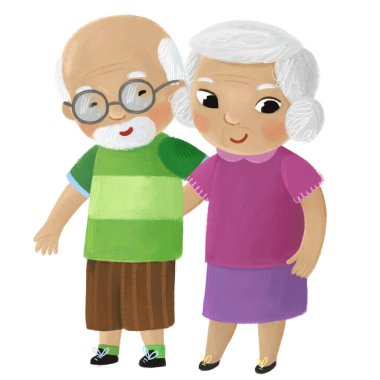 Mutlu aile babaannesinin, dedesinin, beyaz arkaplanlı eşinin olduğu bir karikatür sahnesi.