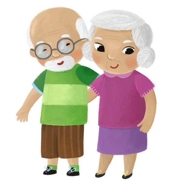 家族を愛する幸せな漫画シーンおばあちゃんおばあちゃんおじいちゃん夫妻のための白い背景イラスト — ストック写真