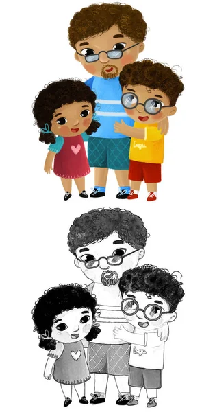 Cartoon Szene Mit Glücklich Liebenden Familienvater Kinder Sohn Und Tochter — Stockfoto
