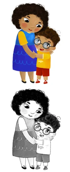 Kreslené Scény Šťastnou Milující Rodinnou Matku Syna Bílém Pozadí Ilustrace — Stock fotografie