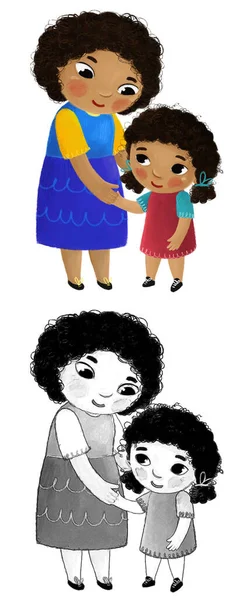 卡通片场景 在白色背景图上为孩子们展示充满爱心的家庭母亲和女儿 — 图库照片