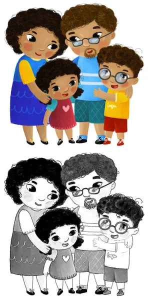 Escena Dibujos Animados Con Familia Amorosa Feliz Madre Padre Hijos — Foto de Stock