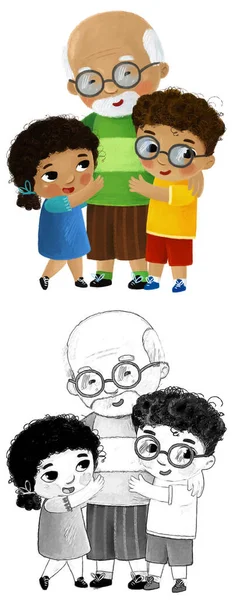 家族を愛する幸せな漫画シーンおじいちゃん子供孫と孫子供のための白い背景イラスト — ストック写真